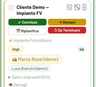 Card di un lavoro reale: Impianto FV, priorità alta, 4h